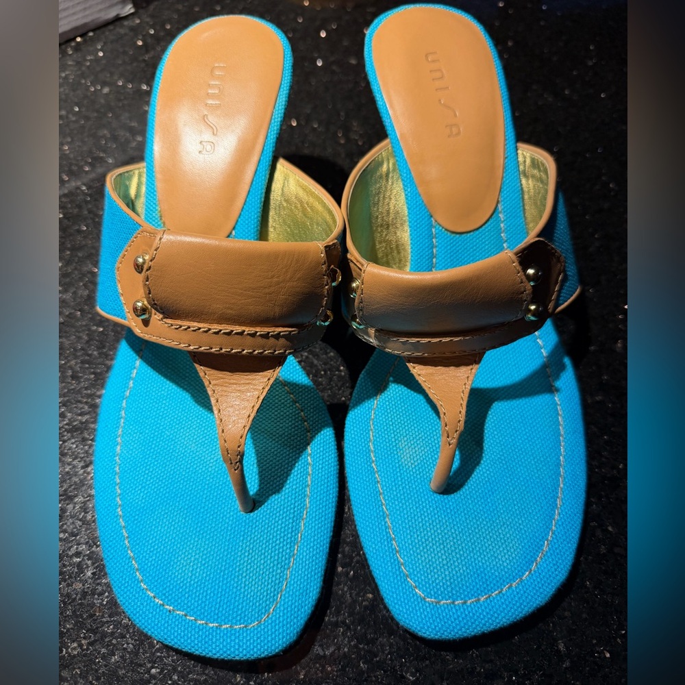 Unisa Turquoise textile and Tan leather sandals